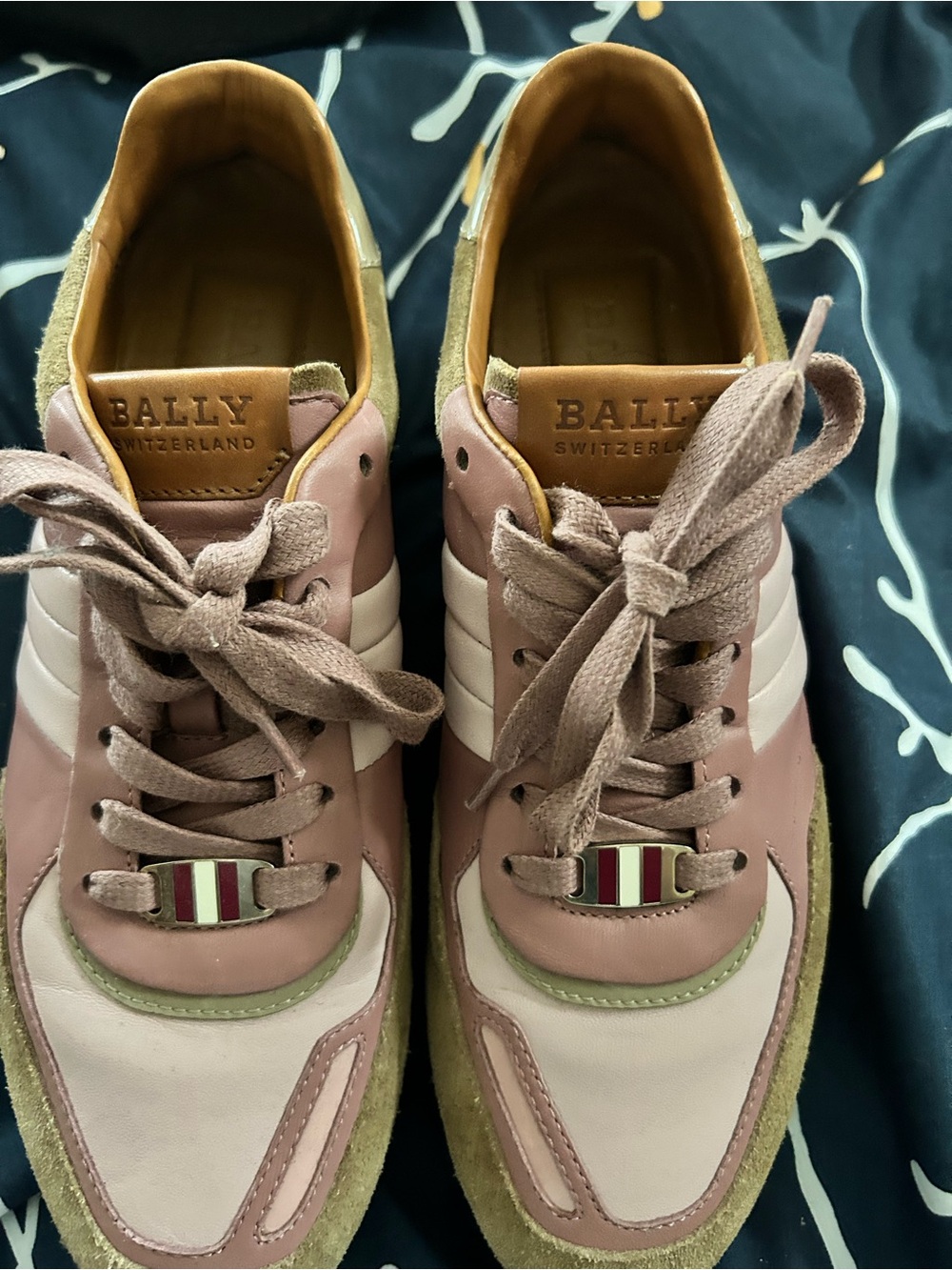 Bally Pink & White Leather Suede Trainer with Striped Lace Charm